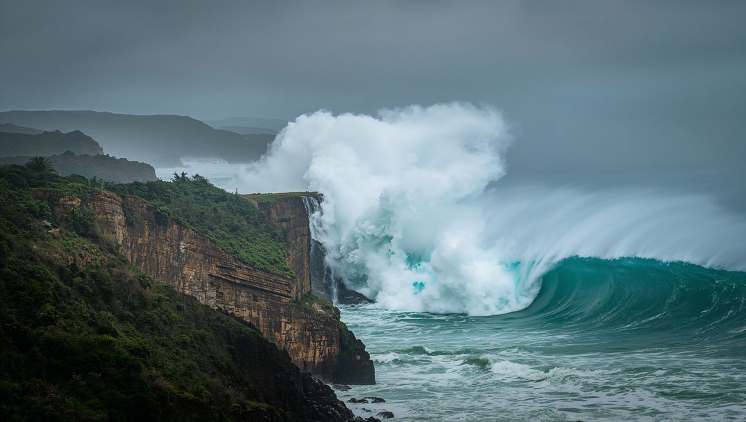 Dramatic Ocean Waves Crashing Against Cliff During Storm