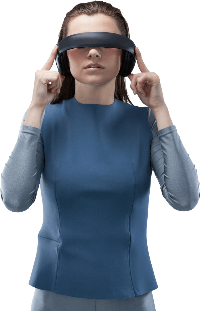 Transparent Woman Interacting with Virtual Reality Headset Modern Technology