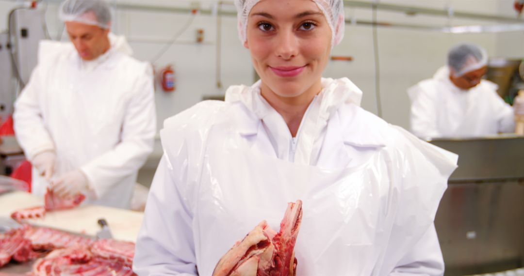 Female Butcher Holding Raw Meat in Meat Processing Plant - Free Images, Stock Photos and Pictures on Pikwizard.com