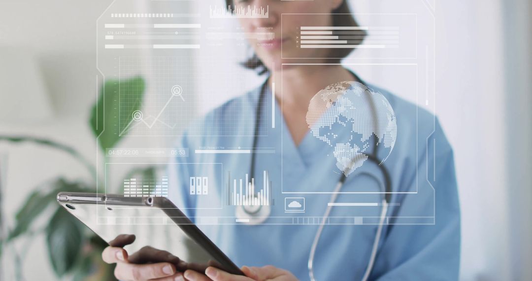 Doctor Analyzing Medical Data on Tablet with Futuristic Interface
