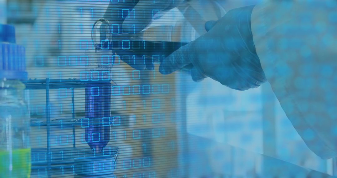 Scientist Handling Beaker with Digital Data Overlay and Global Medicine Concept