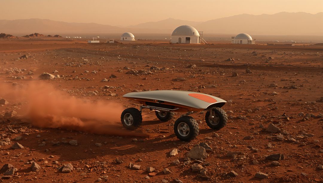 Autonomous Mars Rover Driving Across Red Rocky Plain Kicking Up Dust Near Dome Habitats