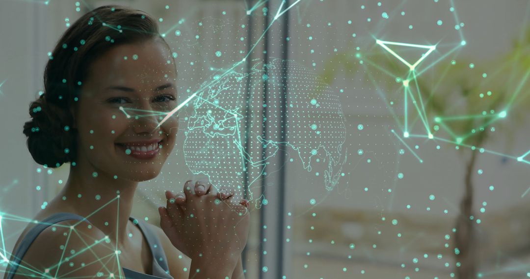 Smiling Businesswoman with Digital Network Overlay