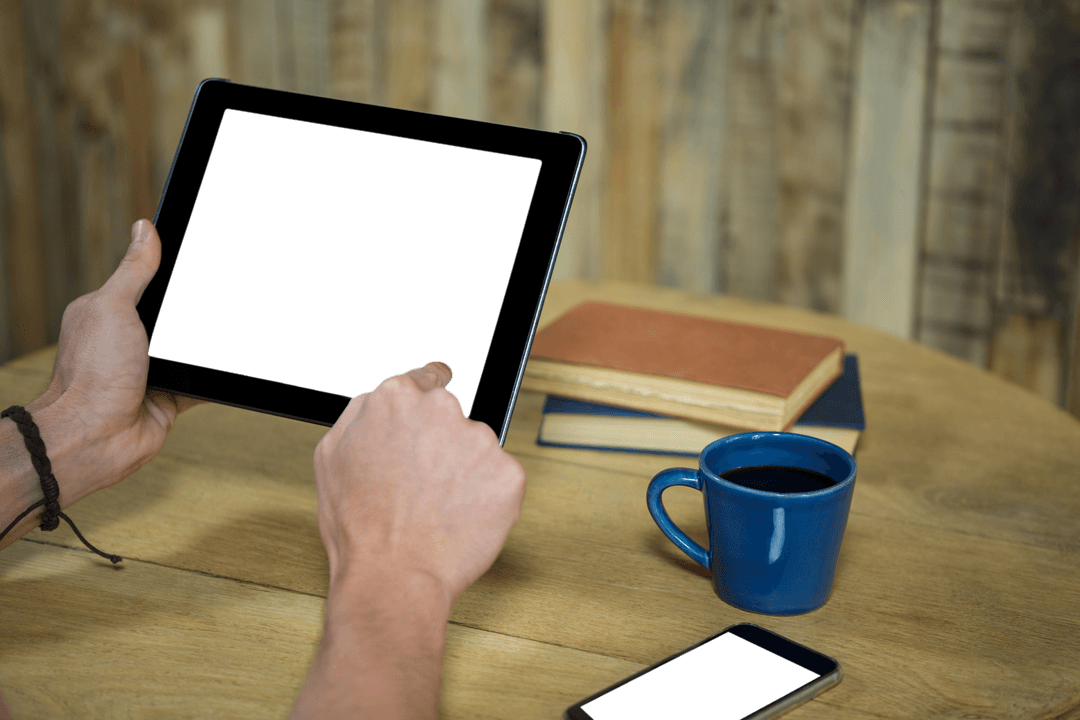 Person Using Tablet with Transparent Screen in Coffee Shop Setting - Download Free Stock Images Pikwizard.com