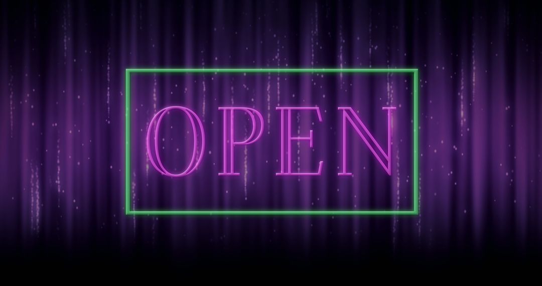 Neon Open Sign Glowing on Digital Patterned Background