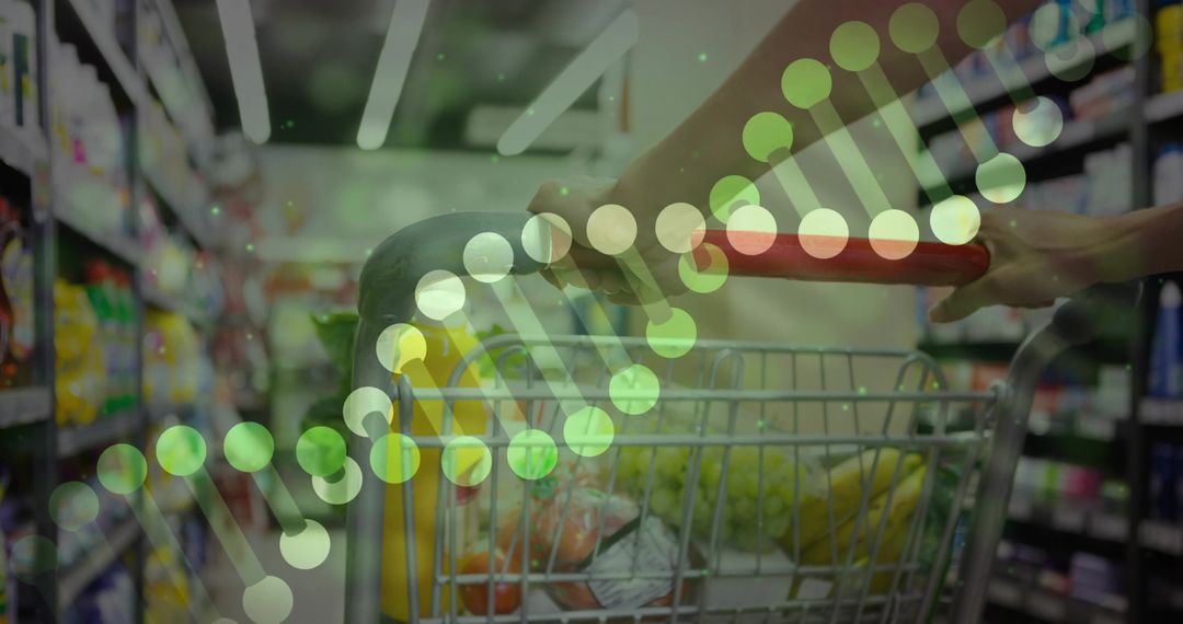 Grocery Shopping with DNA Helix Overlay in Supermarket Aisle