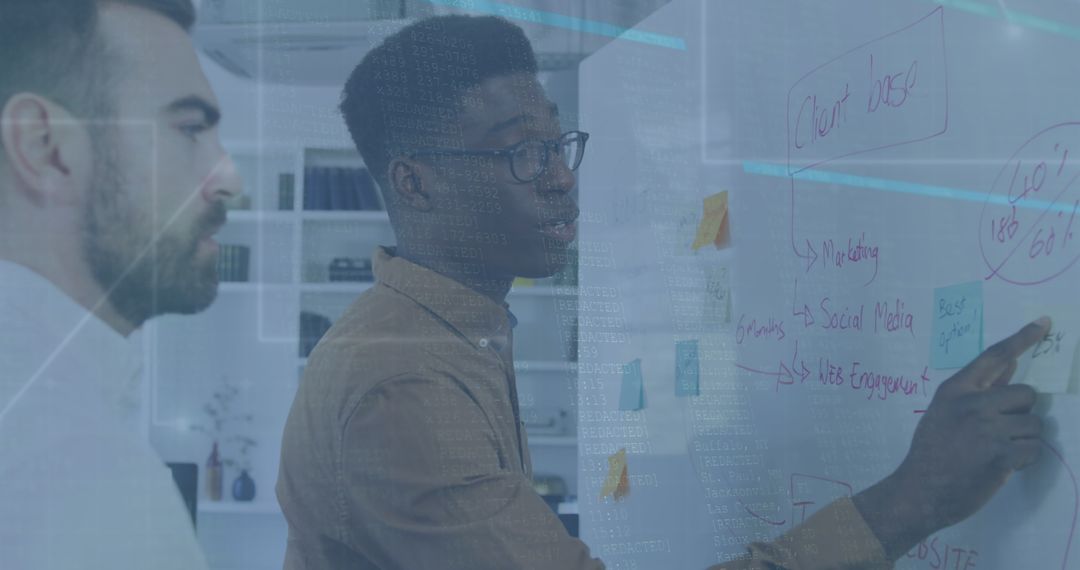 Team Brainstorming with Data Overlay in Modern Office