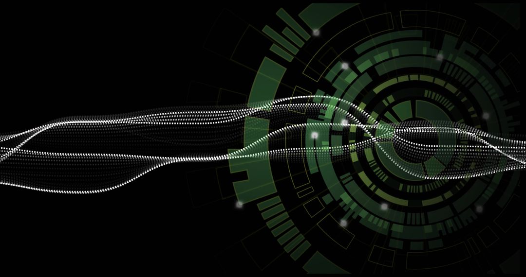 Dotted Waveform Flowing Through Green Futuristic HUD Circuits, Digital Technology Concept