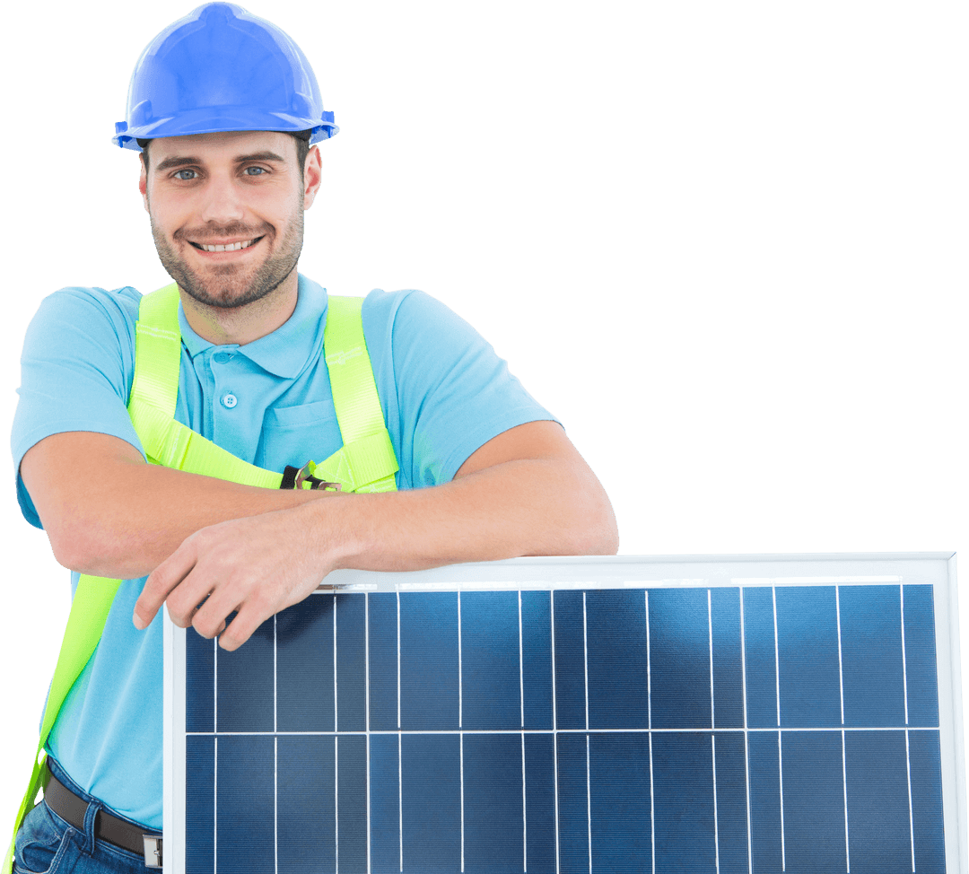 Smiling Worker Standing with Transparent Solar Panel