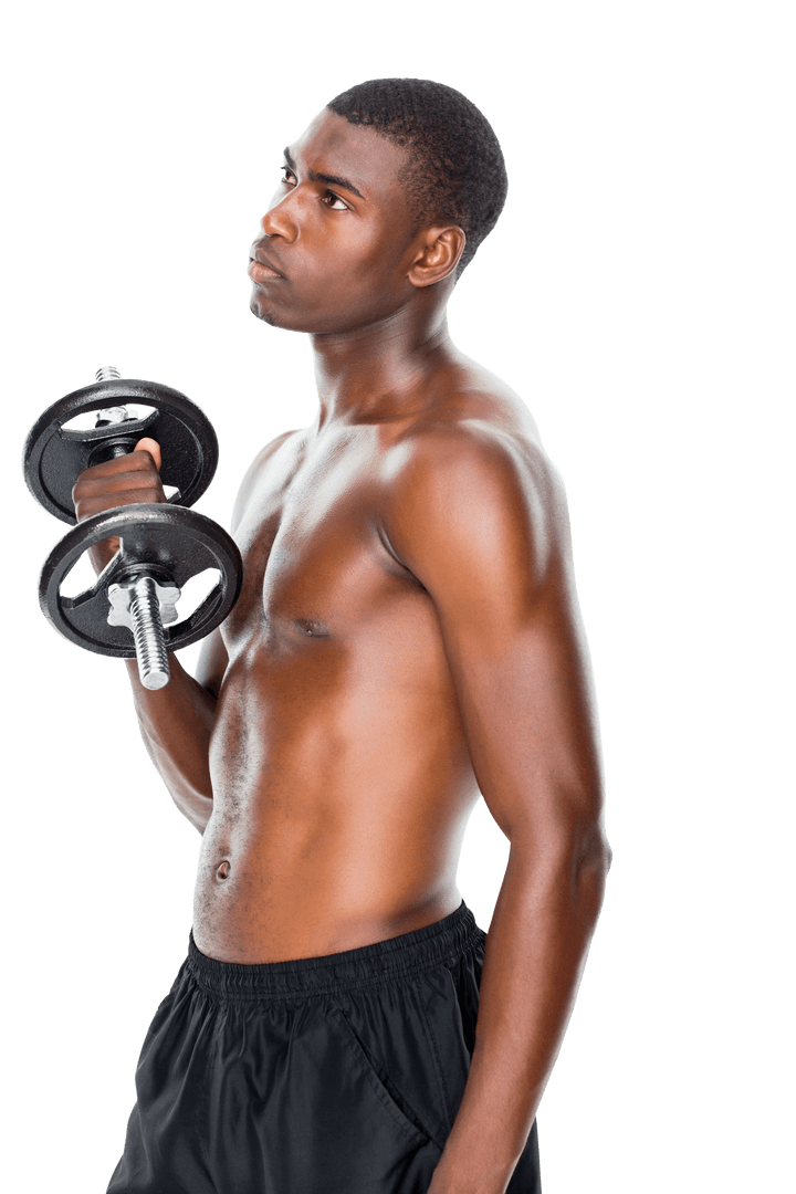 Determined Shirtless Man Lifting Dumbbell Isolated on Transparent Background
