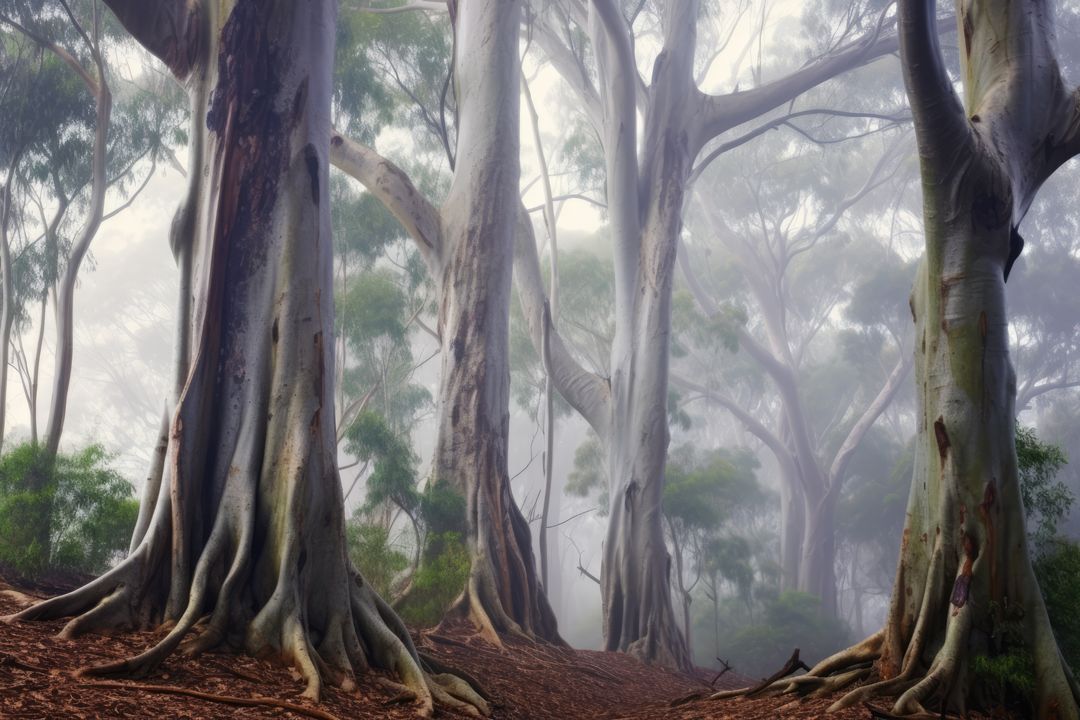Misty forest scene presents towering trees enveloped in fog - Free Images, Stock Photos and Pictures on Pikwizard.com