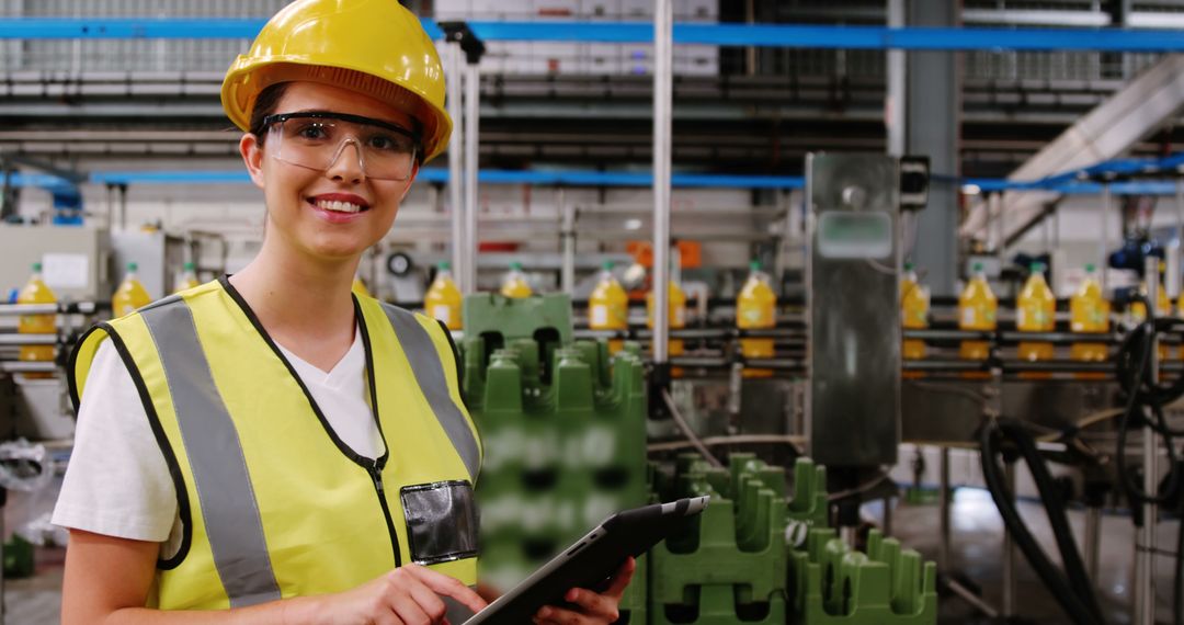 Female factory worker wearing hard hat and safety vest smiling while holding tablet - Free Images, Stock Photos and Pictures on Pikwizard.com