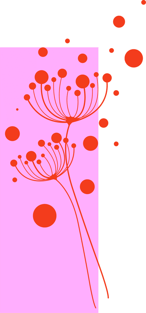 Abstract Red Flower Pods with Circles on Pale Pink Transparent Background