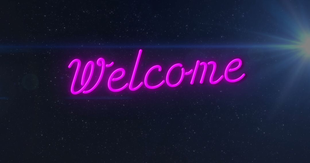 Neon Welcome Sign in Starry Night Sky with Lens Flare