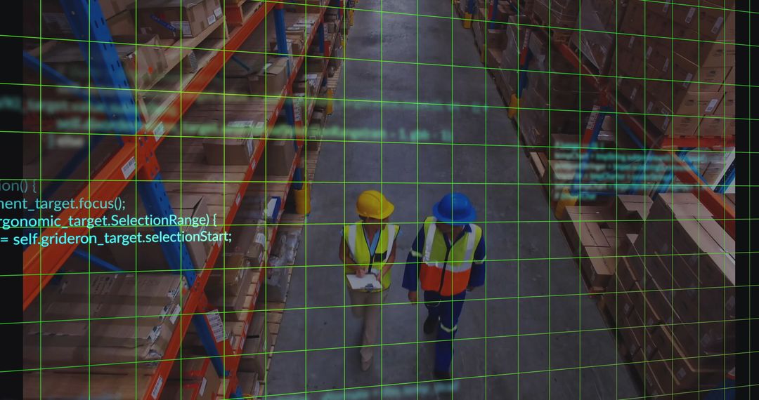Workers in Warehouse Aisle with Digital Technology Overlay