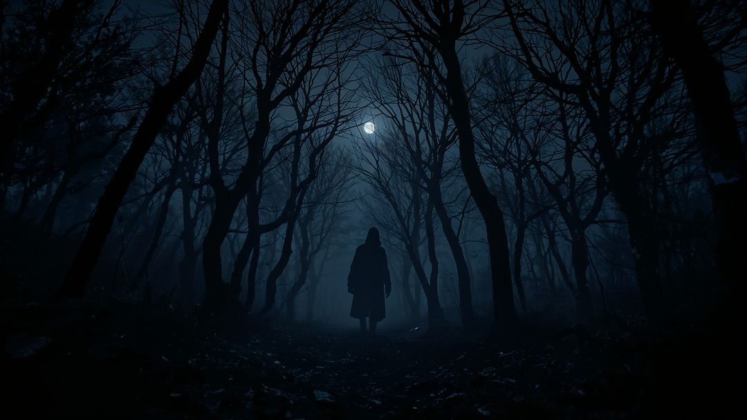Hooded Lone Figure in Moonlit Forest