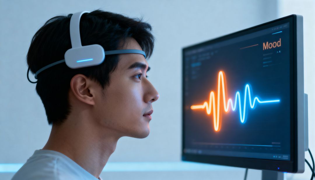Asian man wearing EEG headband observing mood waveform on monitor in neuroscience lab