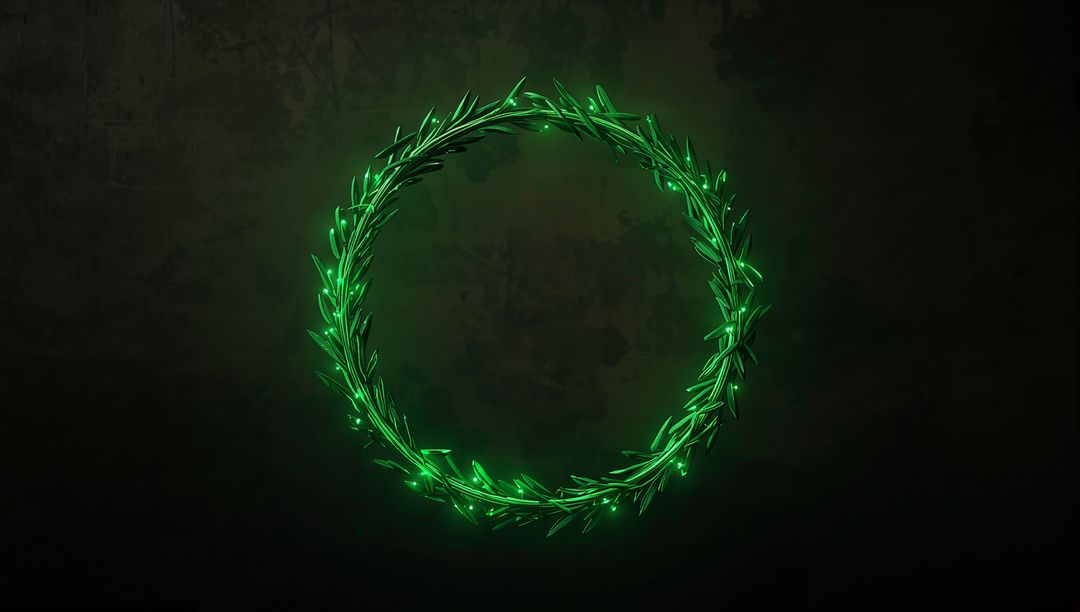Glowing Green Laurel Wreath Emitting Soft Halo and Tiny Lights on Dark Grunge Wall