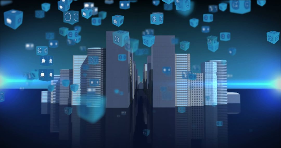 Digital Media Icons Floating Above Futuristic Cityscape
