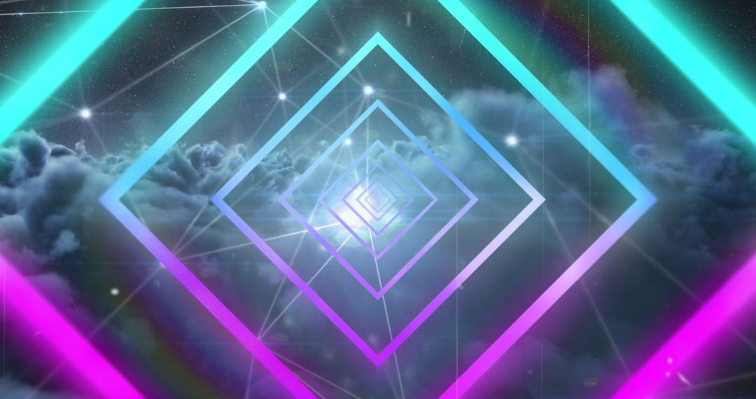 Futuristic Neon Geometry Horizon Over Cloudy Sky