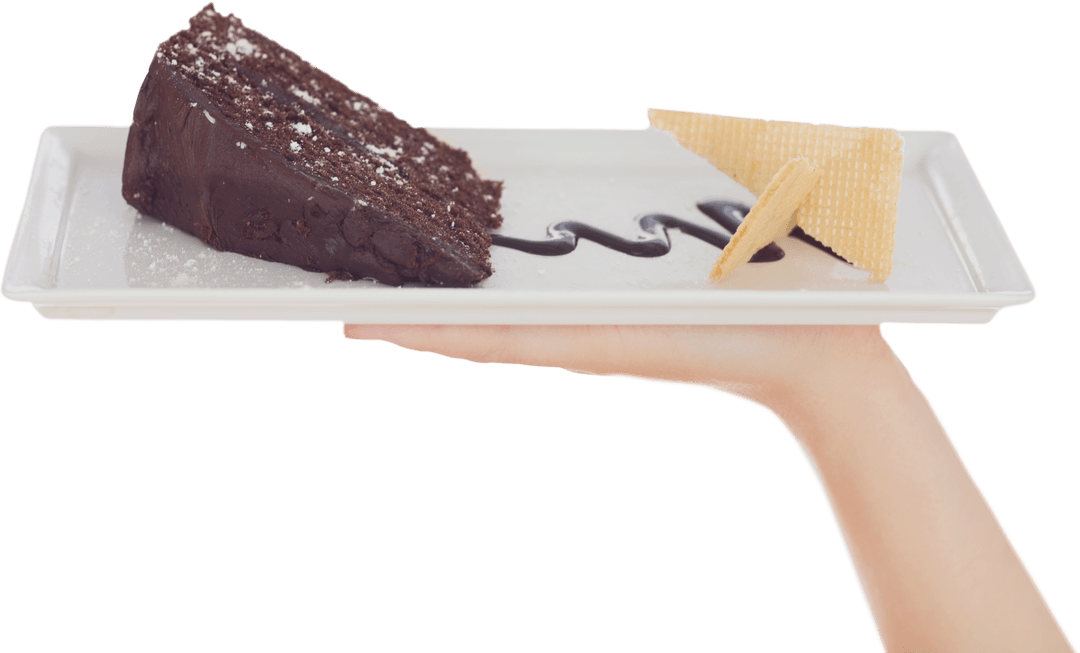 Holding Chocolate Cake on Transparent Tray with Wafers