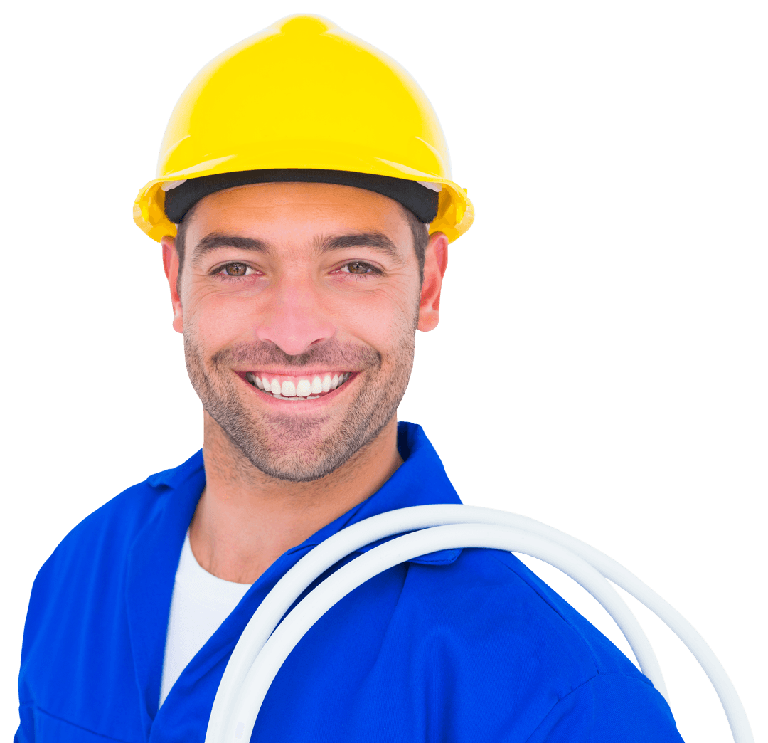Smiling Electrician in Safety Gear with White Cables Transparent
