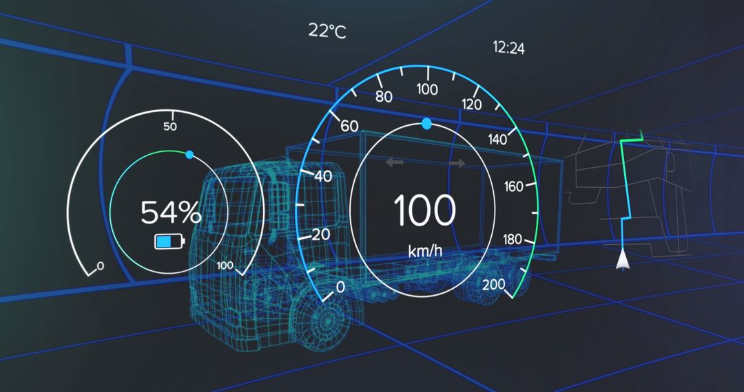 Digital Vehicle Interface Displaying Speedometer and GPS over 3D Truck Model - Free Images, Stock Photos and Pictures on Pikwizard.com