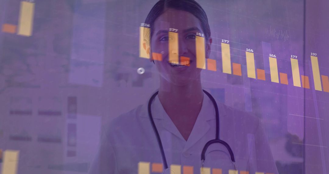 Doctor Analyzing Bar Charts on Transparent Digital Screen