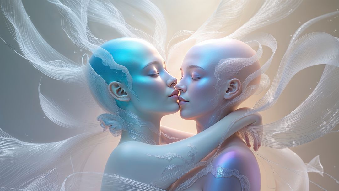 Futuristic Humanoid Couple in Ethereal Embrace with Flowing Ribbons
