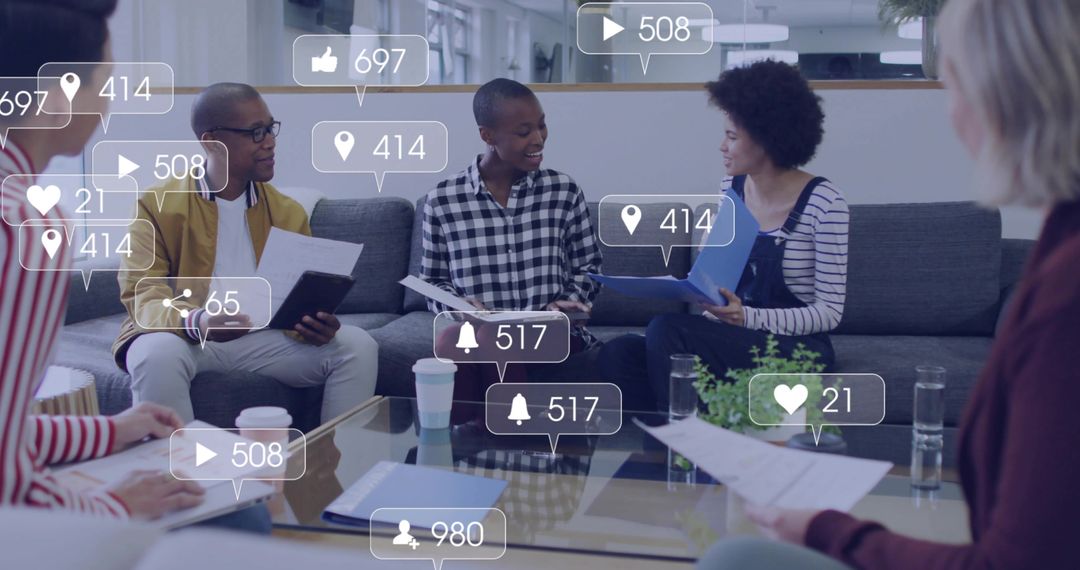 Team collaborating in modern office lounge around glass table with social media overlays