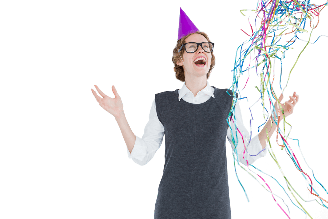 Joyful Hipster with Party Hat and Streamers on Transparent Background