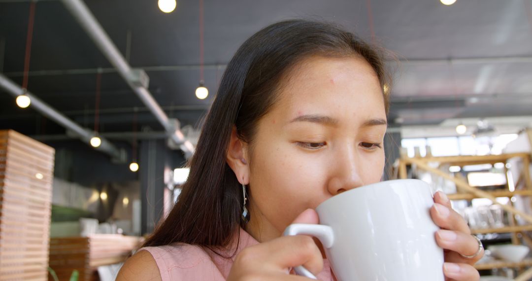 Young Woman Drinking Coffee in Modern Cafe - Free Images, Stock Photos and Pictures on Pikwizard.com