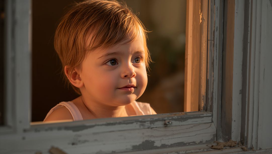 Sunlit Toddler Gazing Through Weathered Wooden Window Frame at Home Warm Portrait