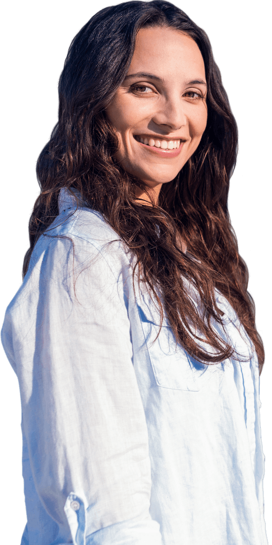 Smiling Woman in Blue Shirt on Transparent Background