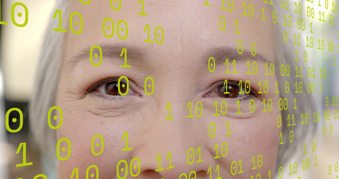 Gazing senior Asian woman closeup with neon binary overlay conveying digital identity, aging