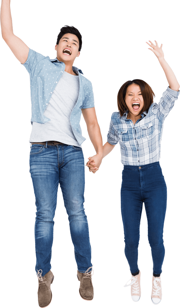 Excited Asian Couple Jumping with Joy on Transparent Background