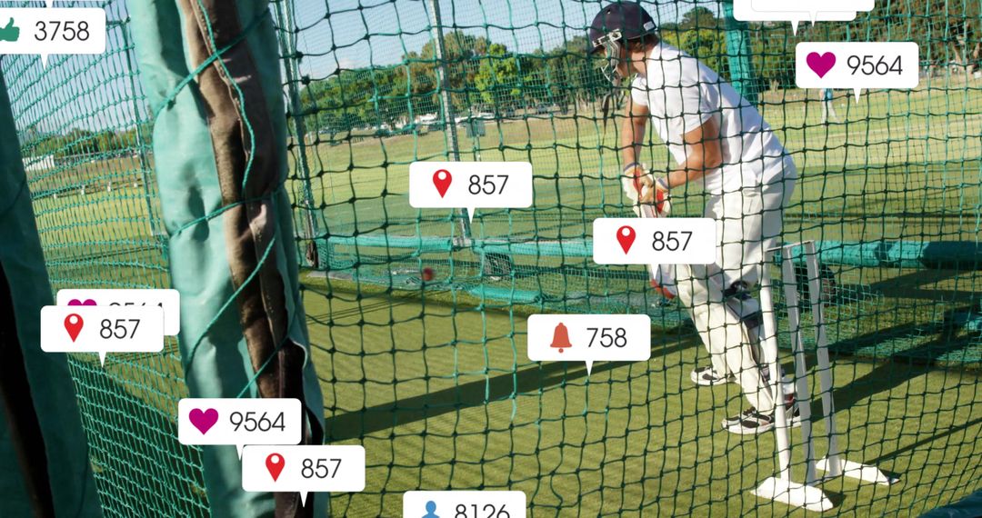 Batsman Practicing in Cricket Nets Surrounded by Digital Engagement