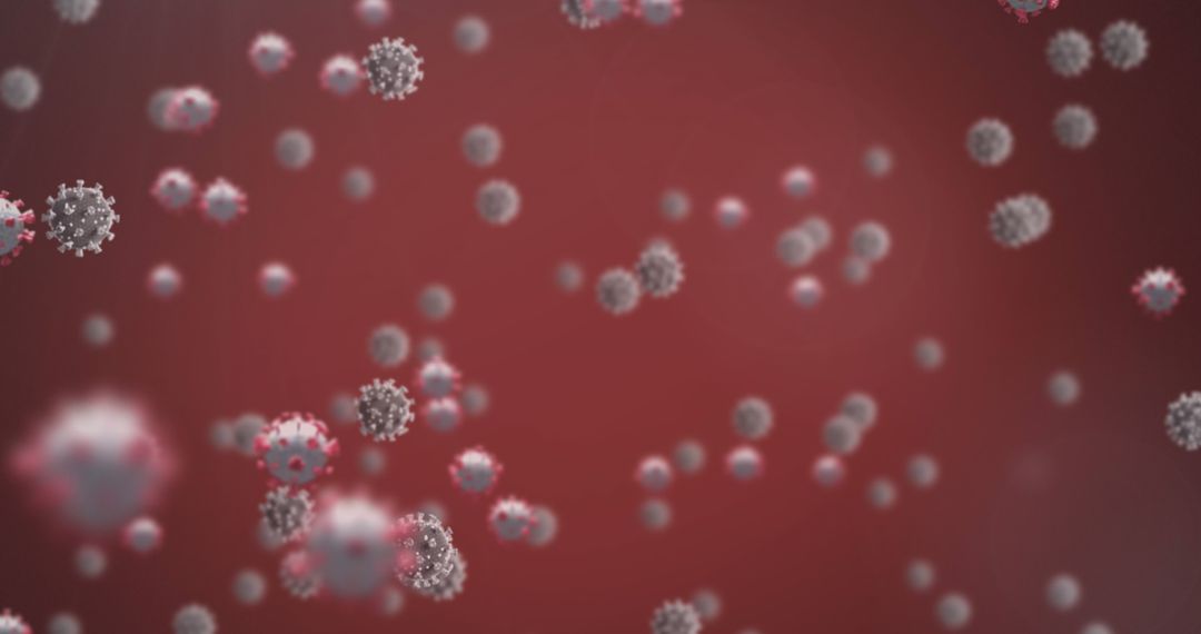 Floating Virus Particles on Red Background Representing COVID-19 Pandemic