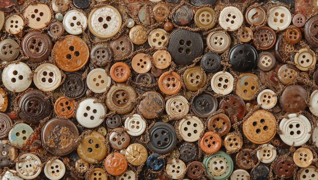 Vintage Button Mosaic Macro Texture Displaying Earthy Patina, Nacre and Thread Remnants