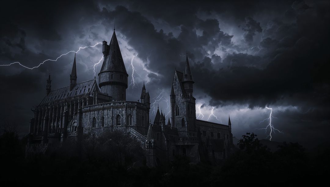 Gothic Castle Amidst Storm with Striking Lightning and Dark Clouds