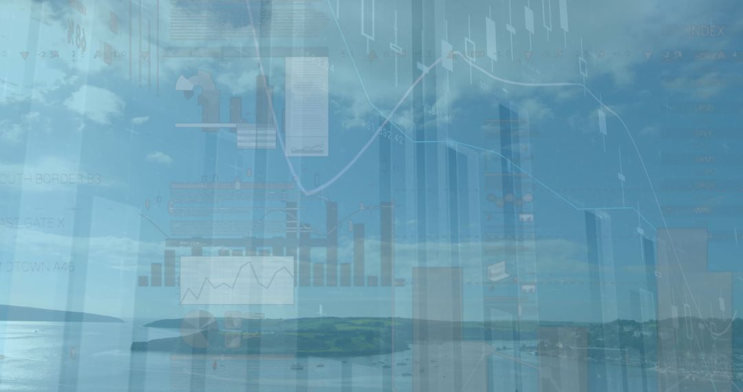 Financial Data Overlaying Scenic Seascape Symbolizing Global Economic Connection