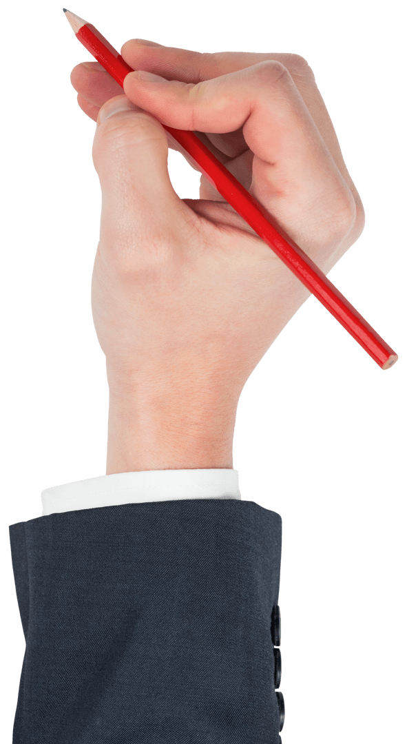 Business Professional's Hand Holding Red Pencil on Transparent Background