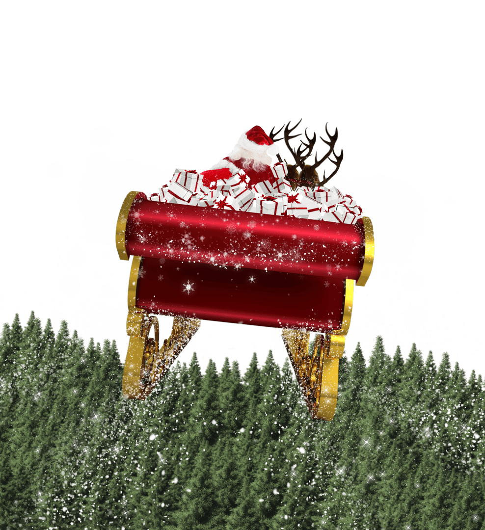 Santa's Flying Sleigh Over Forest on Transparent Background