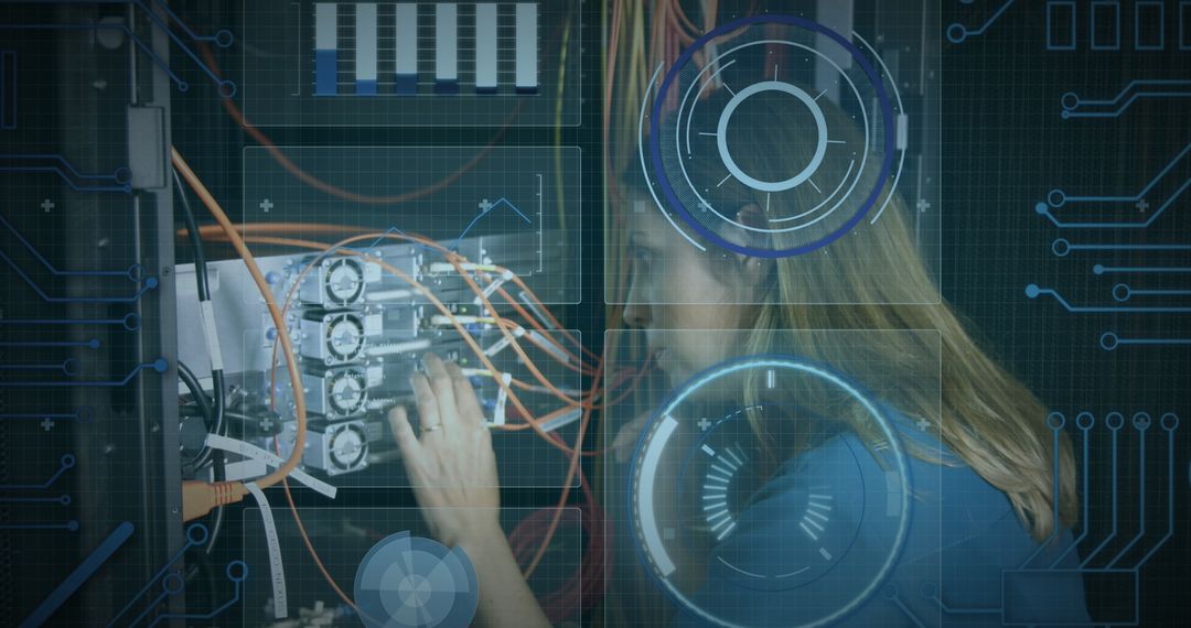 Woman Managing Network Servers with Futuristic Interface Elements