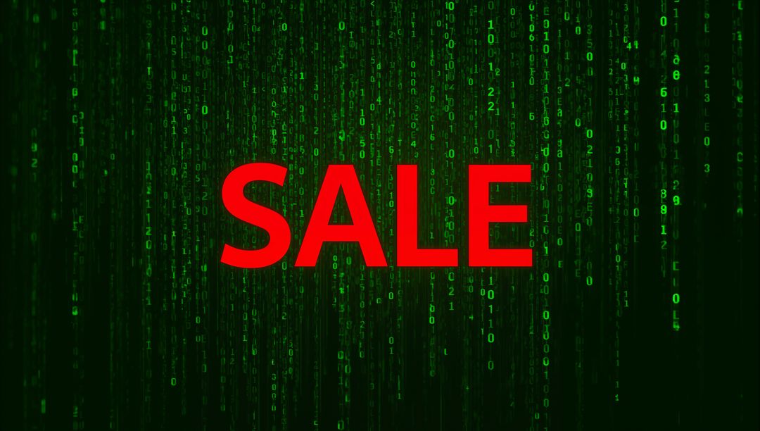 Futuristic Digital Sale Banner Showing Bold Red SALE Over Cascading Green Binary Neon Code