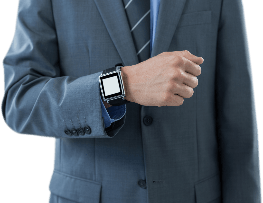 Businessman Displaying Transparent Smartwatch Interface in Suit