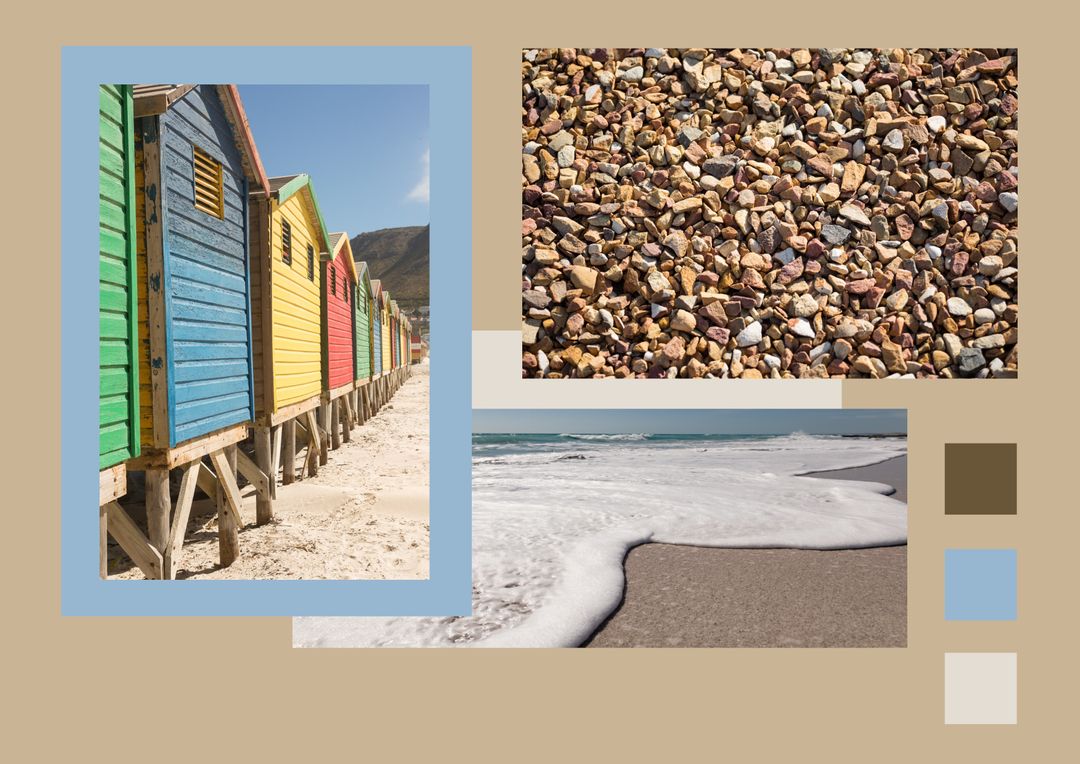 Colorful Beach Huts with Rocky Pebbles and Calm Shoreline
