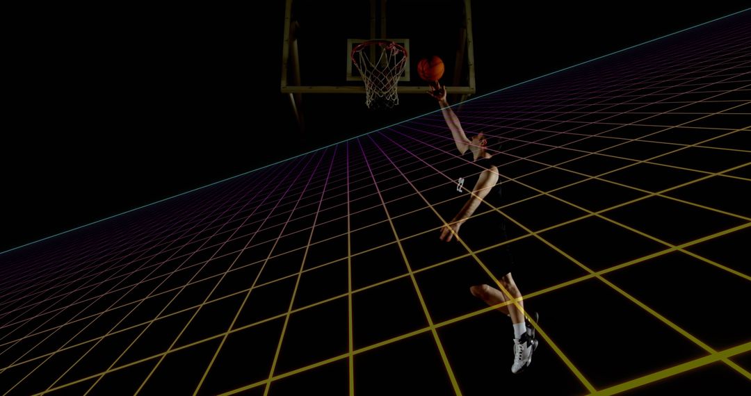 Basketball Player Performing Dynamic Dunk on Neon Digital Court