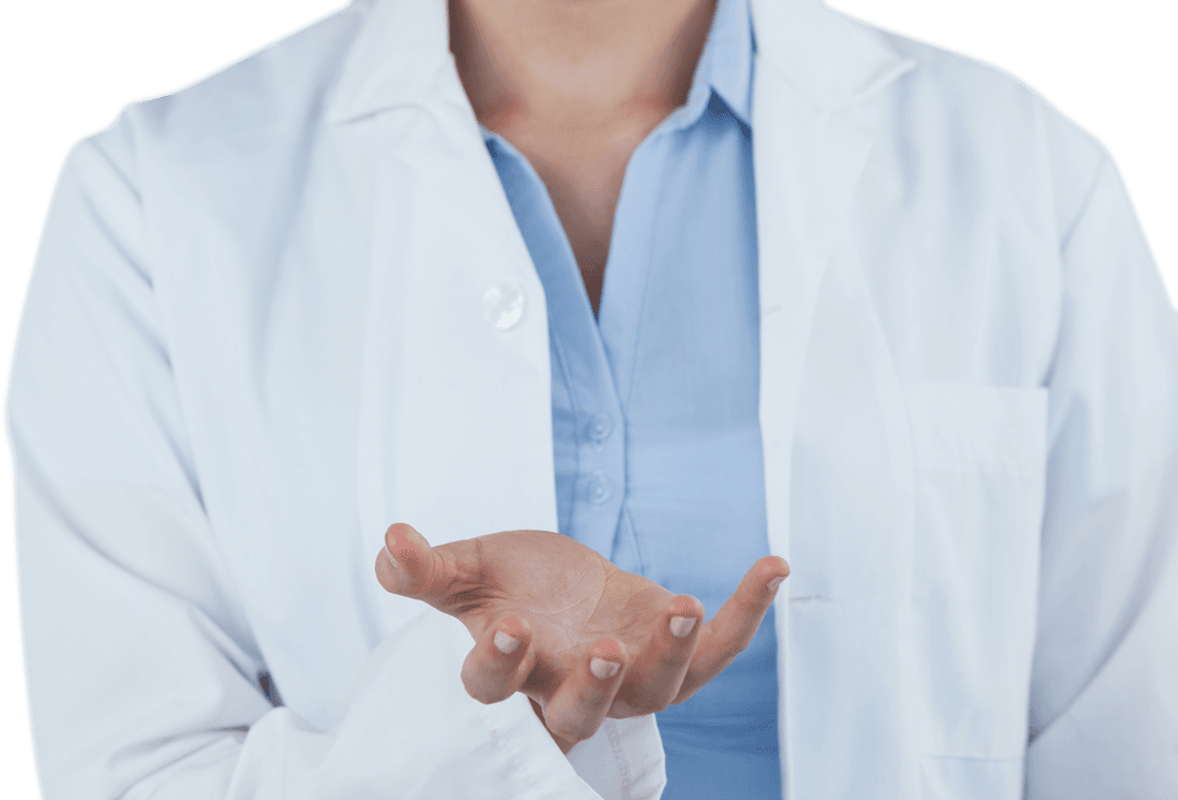 Transparent Female Doctor Gesturing Empty Palm Forward