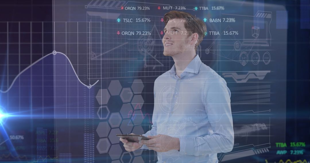 Smiling Businessman Holding Tablet with Digital Data Overlay